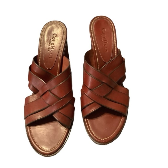 COLE HAAN HEELS Vintage Oxblood Red Leather Woven Slides Mules 90's Size 9 - Picture 2 of 9
